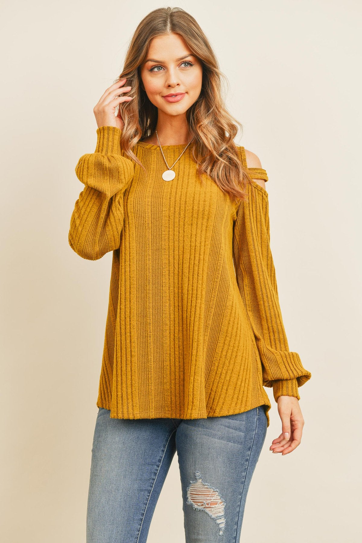 Ladder Open Should Long Sleeved Rib Detail Top - LOLA LUXE