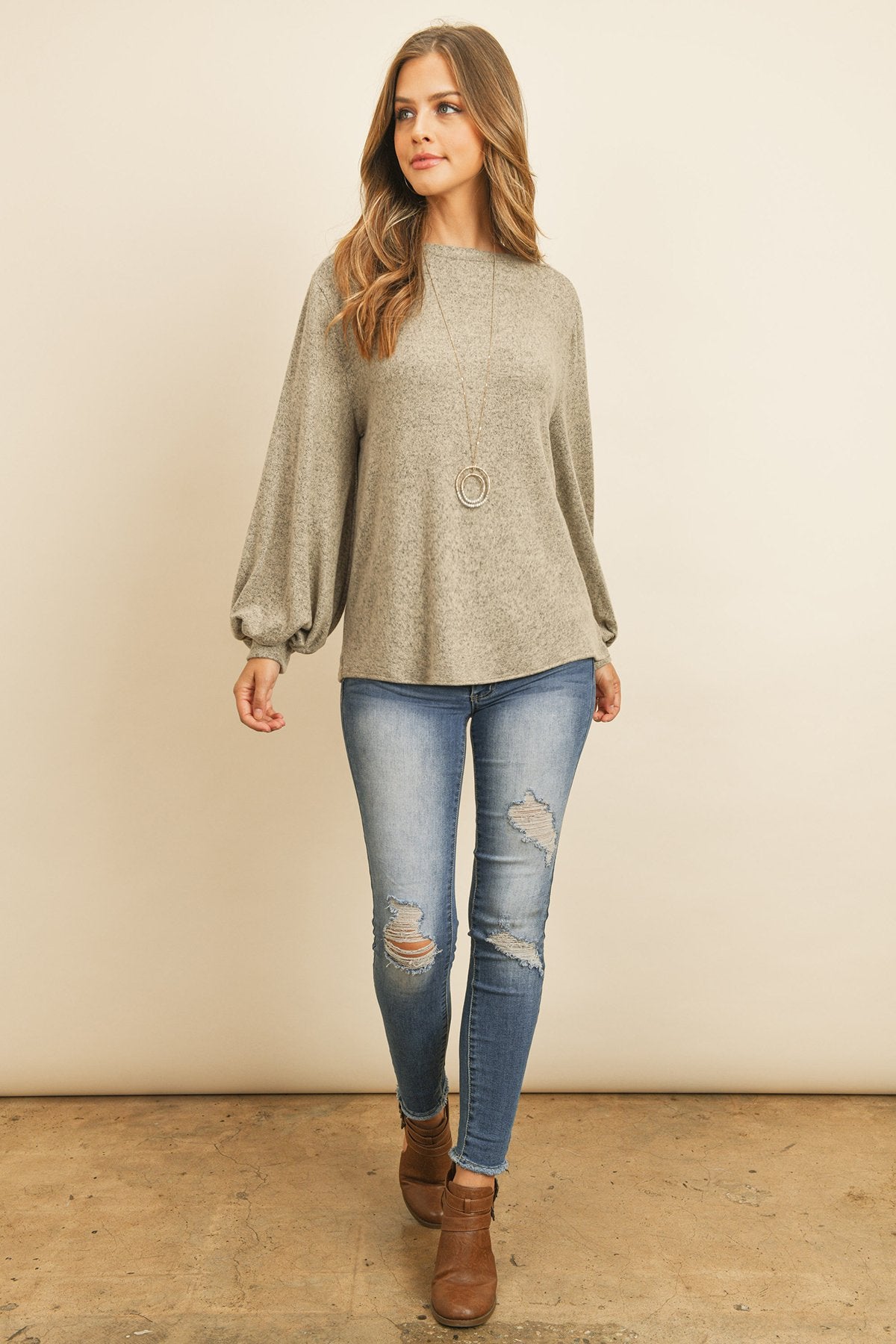 Puff Sleeved Boat Neck Two Toned Brushed Hacci Top - LOLA LUXE