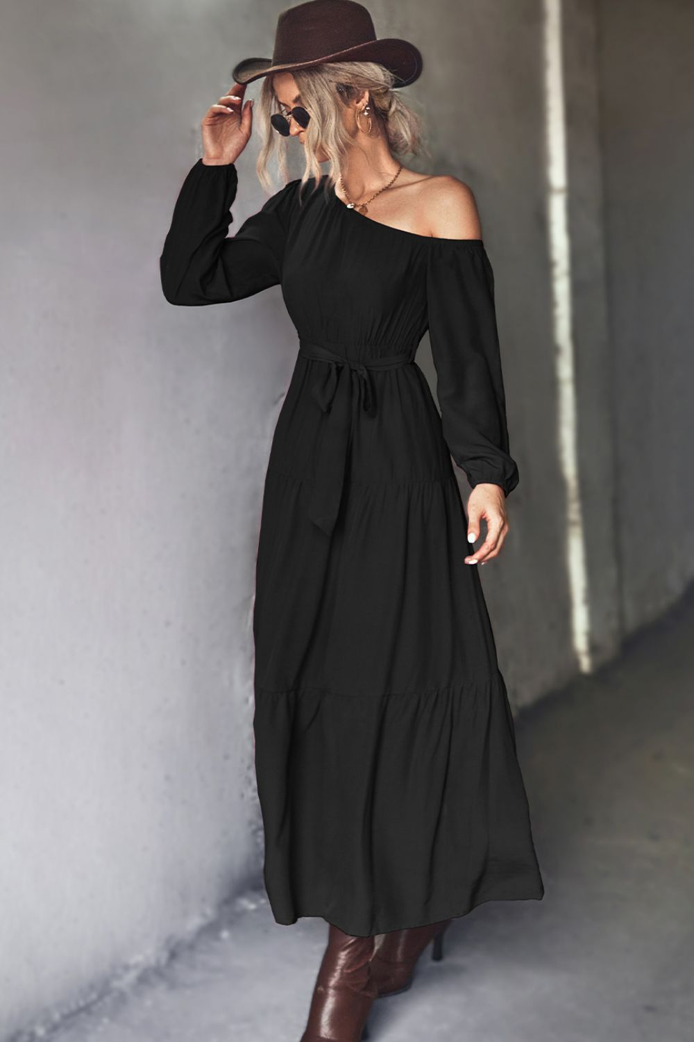 Belted One-Shoulder Tiered Maxi Dress - LOLA LUXE